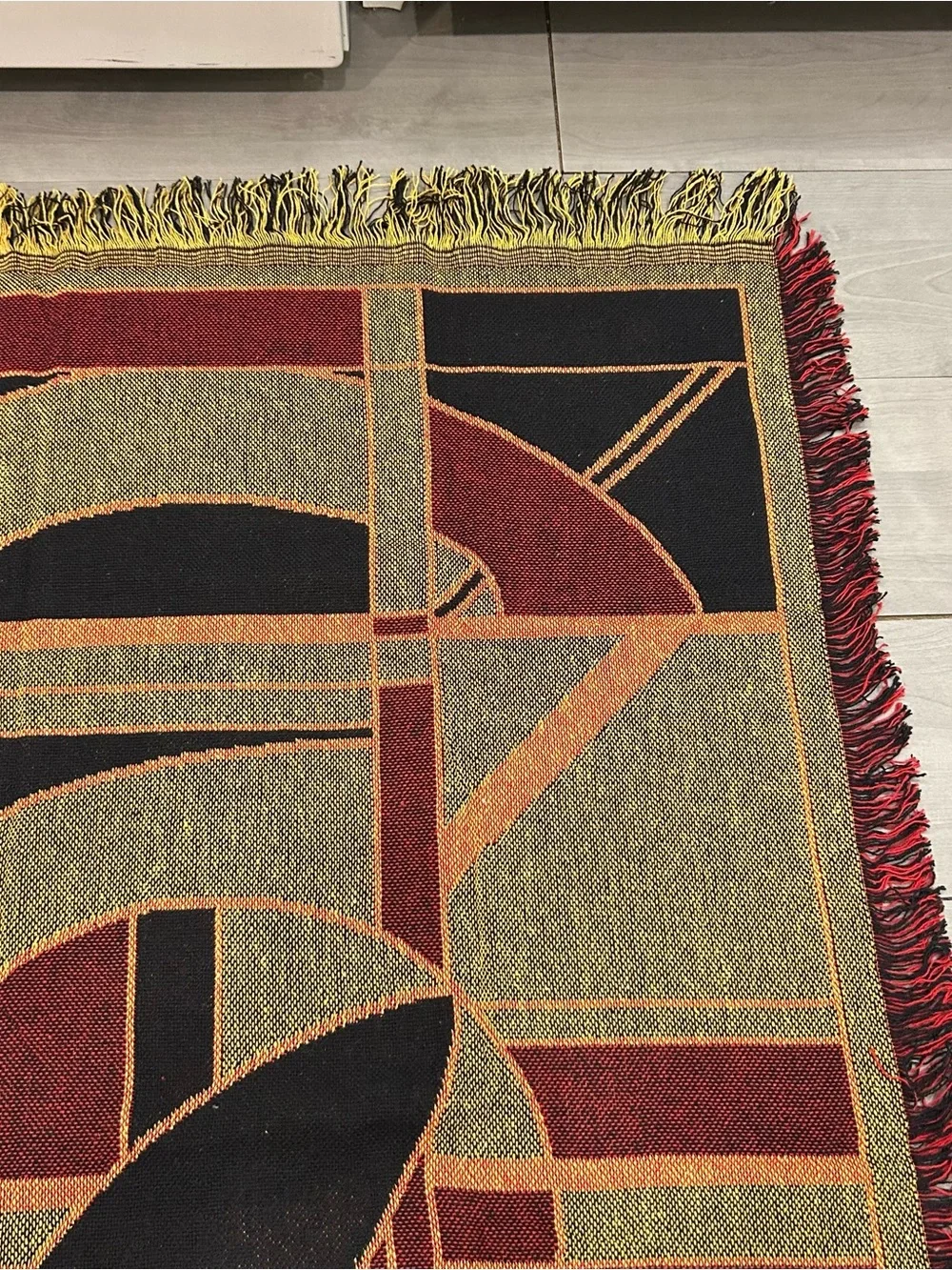 Vintage 90s WGM Abstract Geometric Tapestry Throw Woven Blanket Fringe 44x52